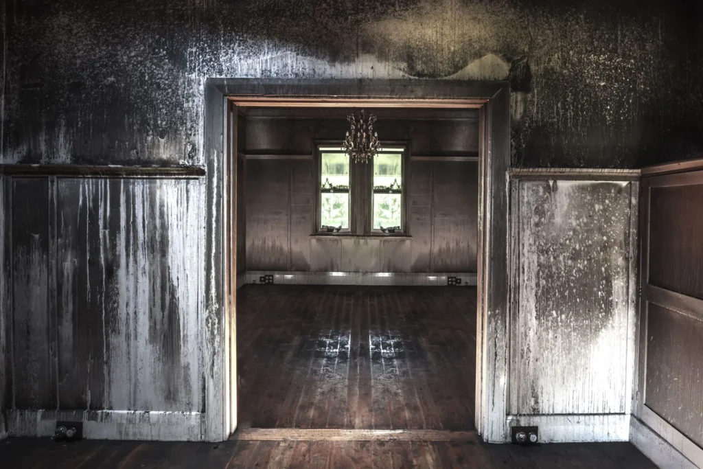 room with severe fire and smoke damage